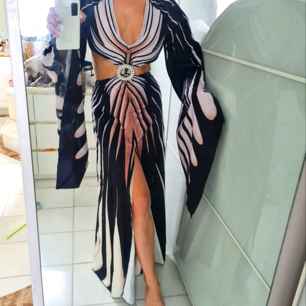 Roberto Cavalli Style Ray Of Gold Print  Black and Beige Maxi Dress Gown S New